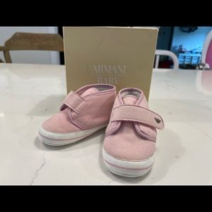 Armani baby pink fur material inside pink shoes.